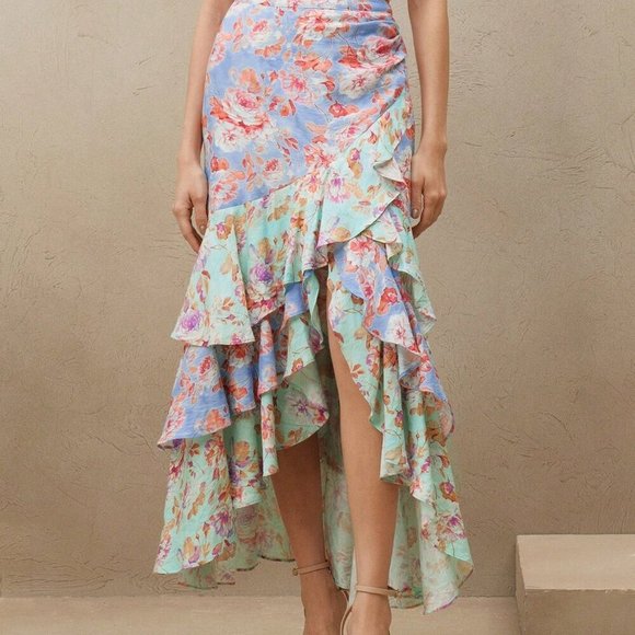 Blue Boho Women's Elegant High-Waist Dual-Tone Ruffled Asymmetric Hem Skirt - Picture 3 of 6